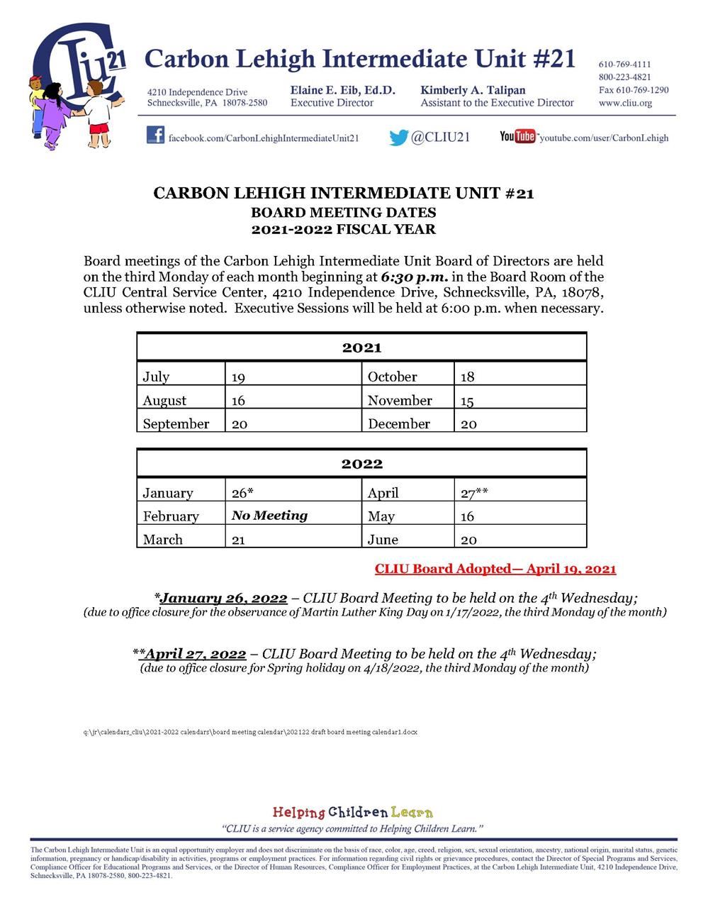 Board Of Directors & Meetings / Board Meeting Calendar