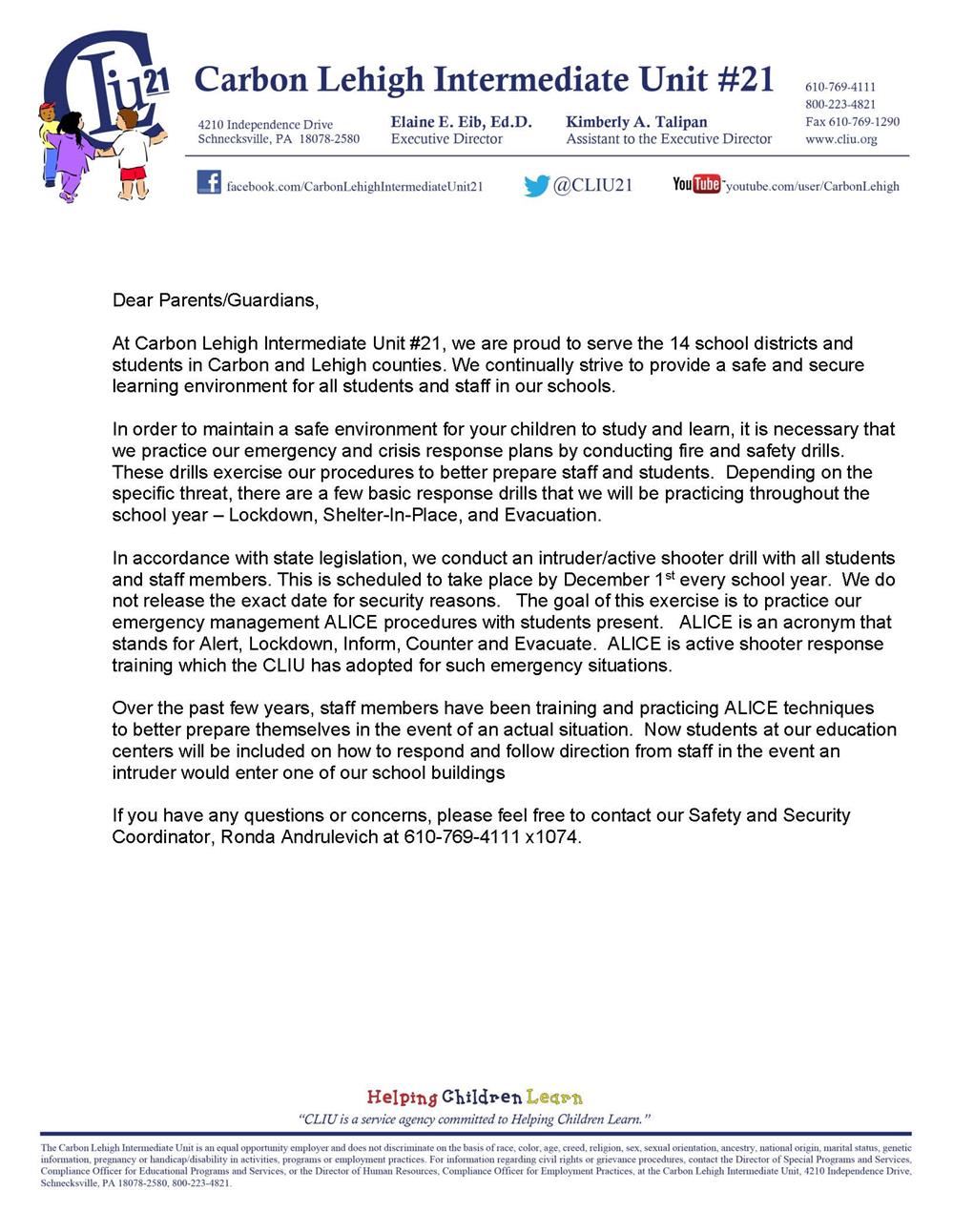 Letter to Parents and Guardians concerning school drills